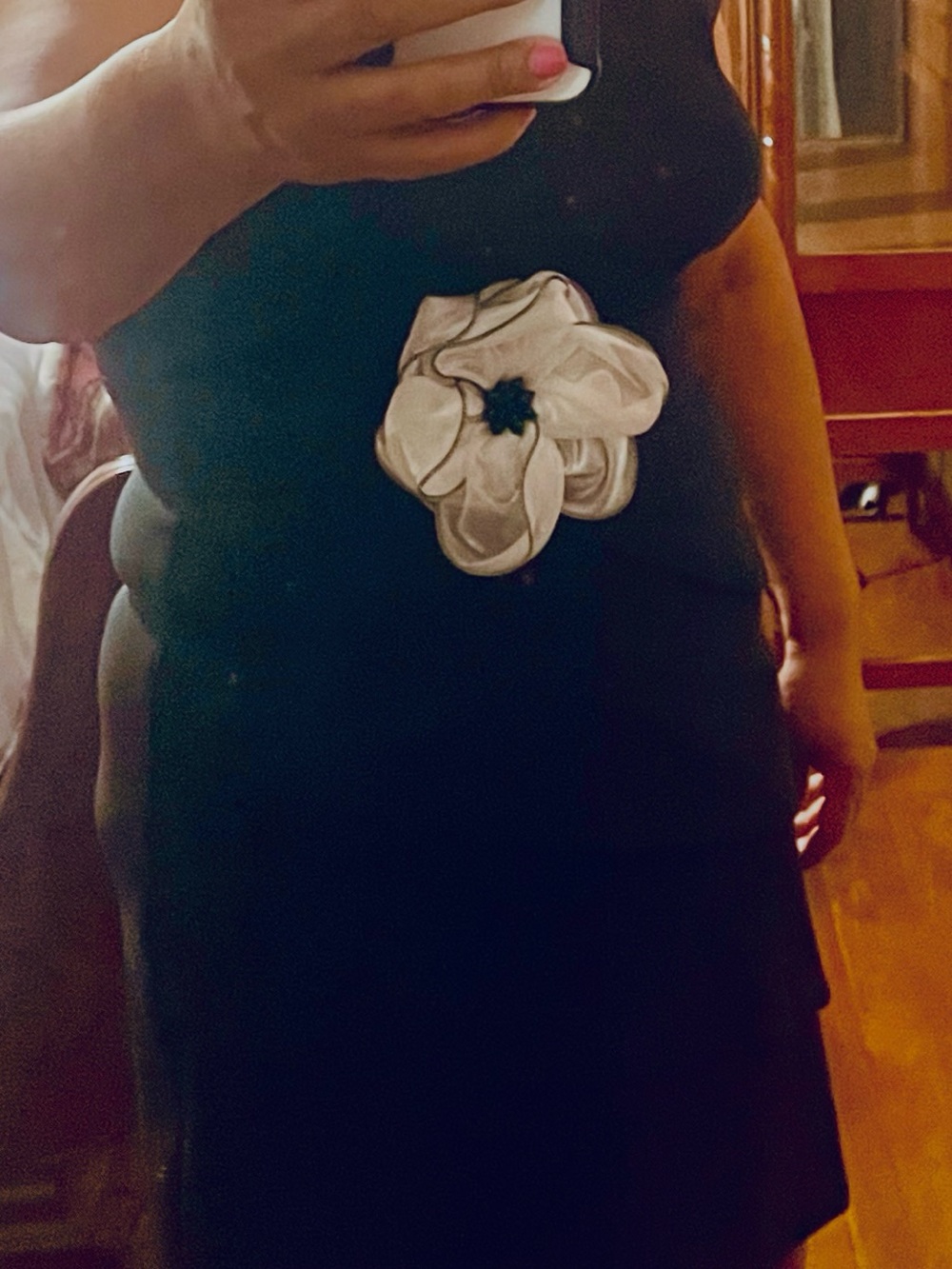 connected apparel Black Mini Dress with White Flower Applique